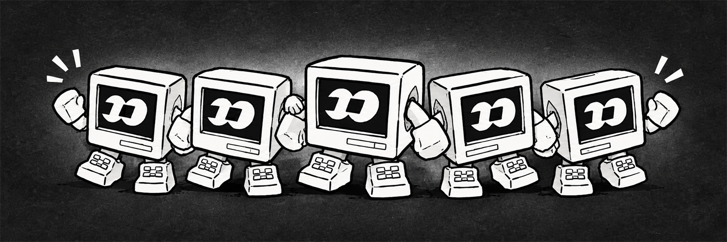 Five black-and-white hand-drawn computer characters standing together